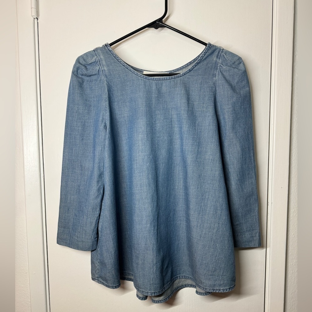 The Great. Cotton Blue Chambray Puff Sleeve Boho Peasant Blouse Size 0 (US XS)